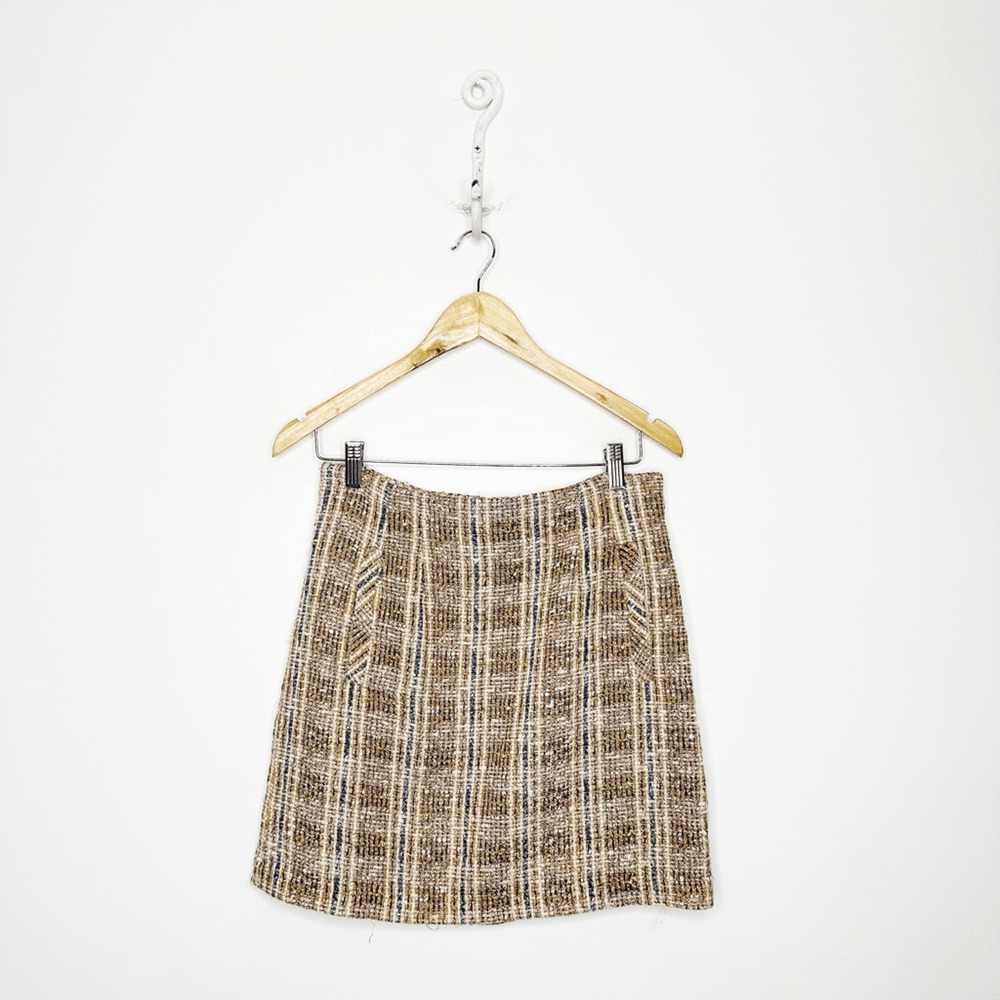 VERONICA BEARD Roman Checked Boucle Tweed Mini Skirt Light Brown womens 4 FLAWED